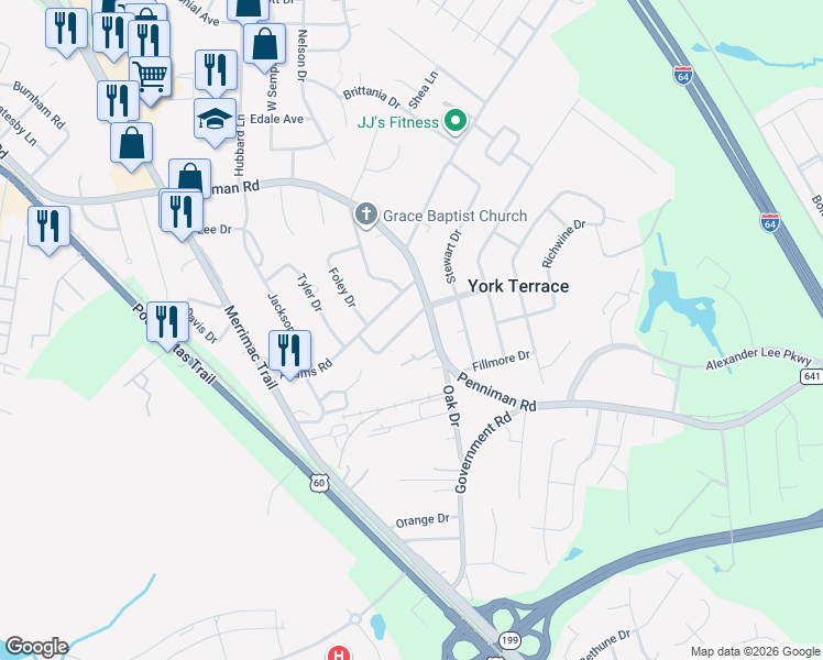map of restaurants, bars, coffee shops, grocery stores, and more near 1203 Penniman Road in Williamsburg