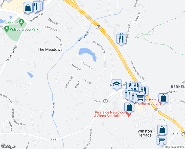map of restaurants, bars, coffee shops, grocery stores, and more near 121 Stanley Drive in Williamsburg