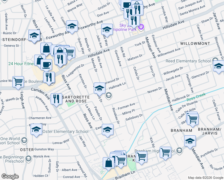 map of restaurants, bars, coffee shops, grocery stores, and more near 1724 Hallmark Lane in San Jose
