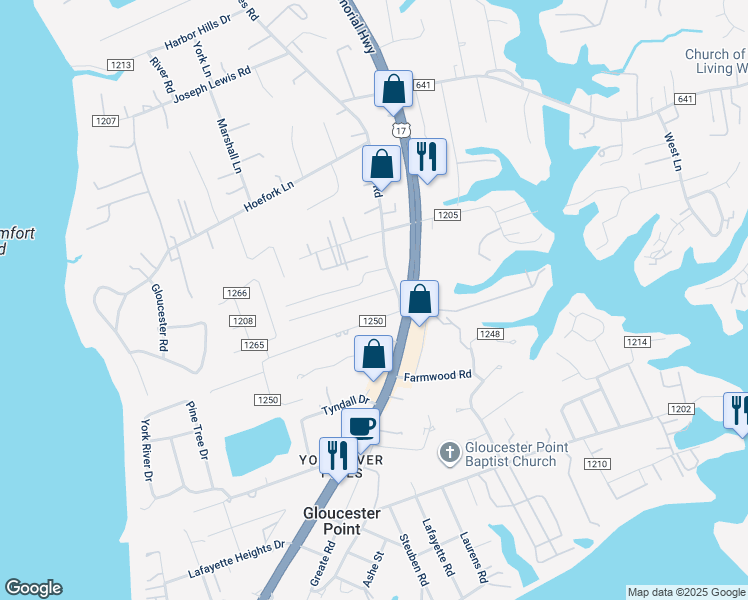 map of restaurants, bars, coffee shops, grocery stores, and more near 7616 Green Drive in Gloucester Point