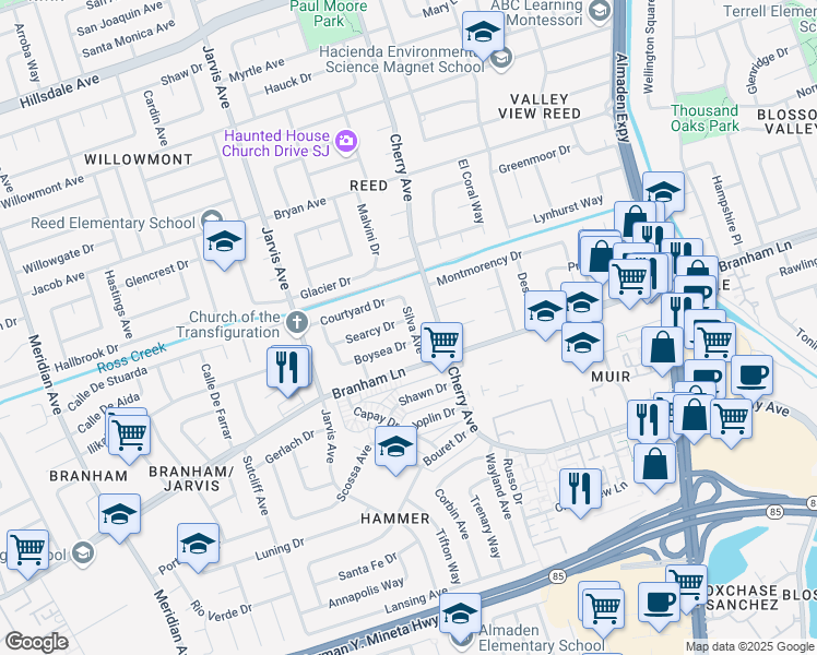 map of restaurants, bars, coffee shops, grocery stores, and more near 1376 Searcy Drive in San Jose