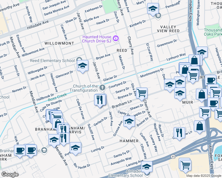 map of restaurants, bars, coffee shops, grocery stores, and more near 1432 Courtyard Drive in San Jose