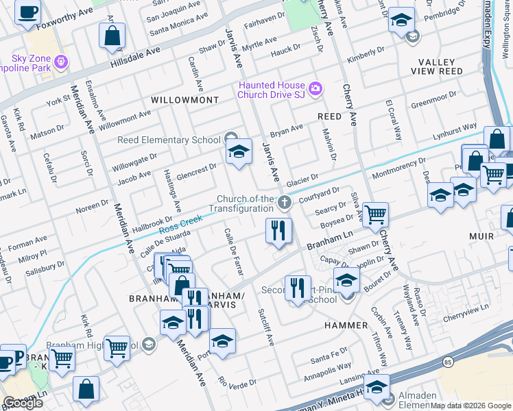 map of restaurants, bars, coffee shops, grocery stores, and more near 1473 Cresthaven Lane in San Jose