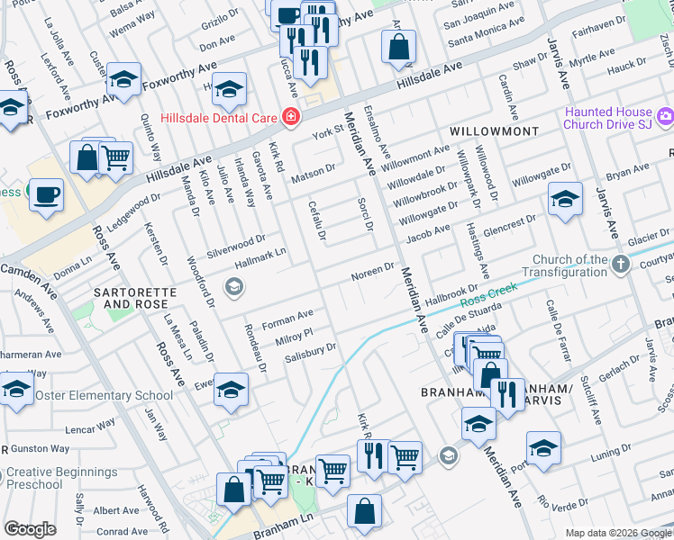 map of restaurants, bars, coffee shops, grocery stores, and more near 1664 Jacob Avenue in San Jose
