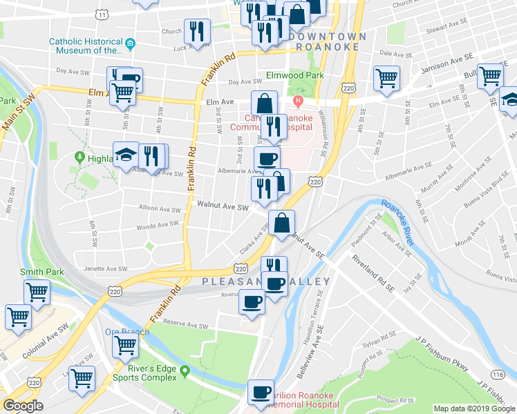 map of restaurants, bars, coffee shops, grocery stores, and more near 1234 Maple Avenue Southwest in Roanoke