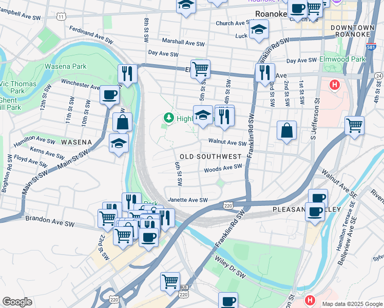 map of restaurants, bars, coffee shops, grocery stores, and more near 513 Allison Avenue Southwest in Roanoke