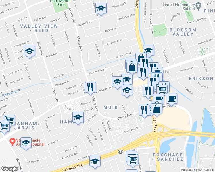 map of restaurants, bars, coffee shops, grocery stores, and more near 4580 Bald Eagle Way in San Jose