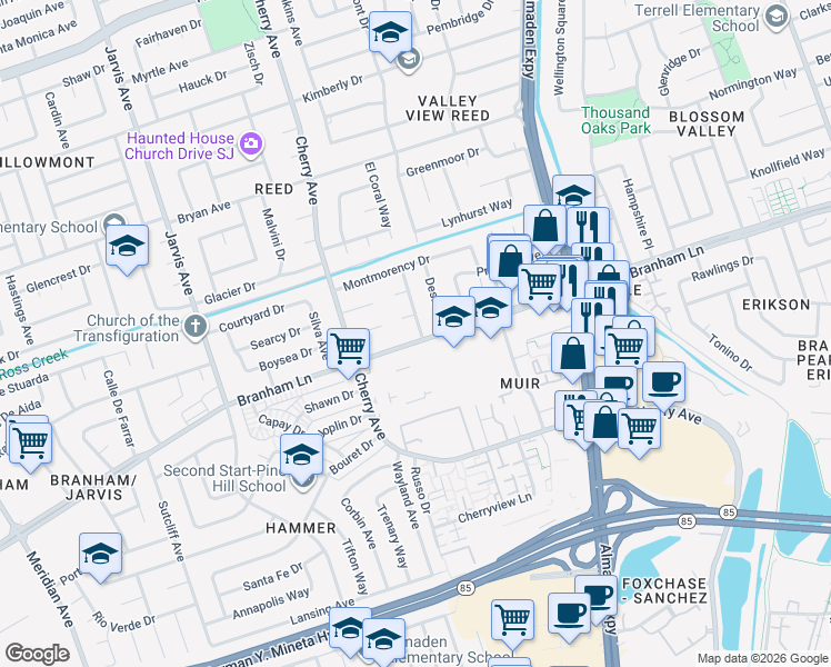 map of restaurants, bars, coffee shops, grocery stores, and more near 4580 Bald Eagle Way in San Jose