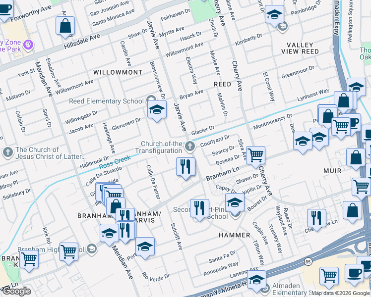 map of restaurants, bars, coffee shops, grocery stores, and more near in San Jose