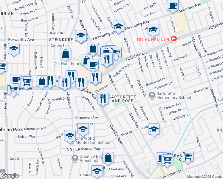map of restaurants, bars, coffee shops, grocery stores, and more near 1788 Bradford Way in San Jose