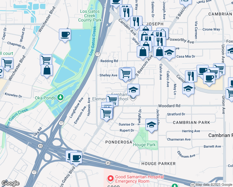 map of restaurants, bars, coffee shops, grocery stores, and more near 3645 South Bascom Avenue in Campbell