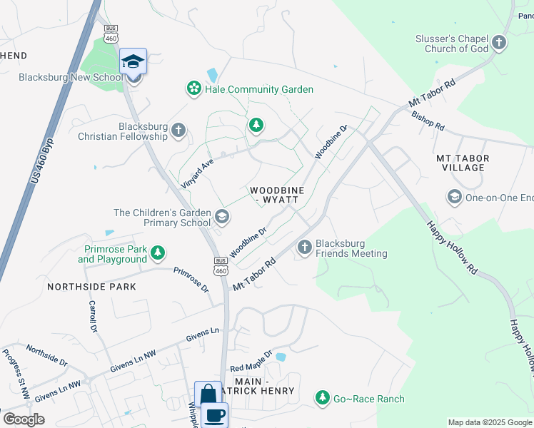 map of restaurants, bars, coffee shops, grocery stores, and more near 207 Woodbine Drive in Blacksburg