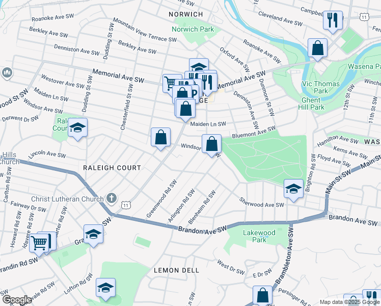 map of restaurants, bars, coffee shops, grocery stores, and more near 1715 Greenwood Road Southwest in Roanoke