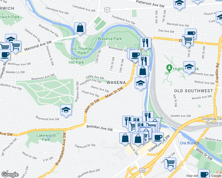 map of restaurants, bars, coffee shops, grocery stores, and more near 1113 Kerns Avenue Southwest in Roanoke