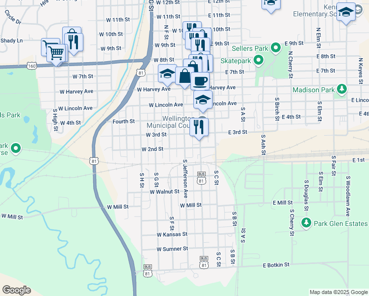 map of restaurants, bars, coffee shops, grocery stores, and more near 200 West 2nd Street in Wellington