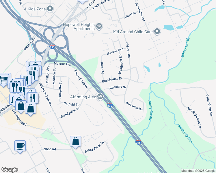 map of restaurants, bars, coffee shops, grocery stores, and more near 5012 Cheshire Drive in Hopewell