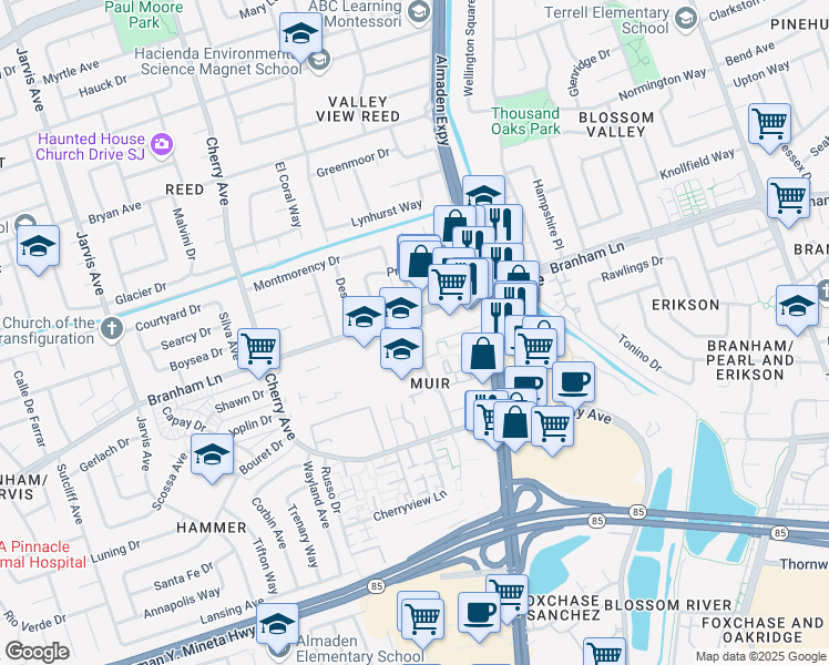 map of restaurants, bars, coffee shops, grocery stores, and more near 4825 Speak Lane in San Jose