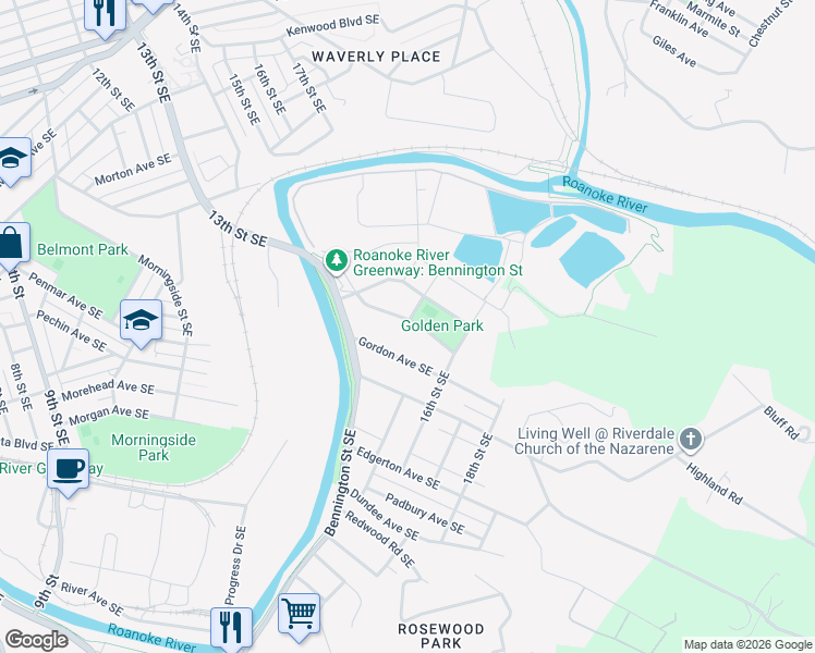 map of restaurants, bars, coffee shops, grocery stores, and more near 1547 Carlisle Avenue Southeast in Roanoke