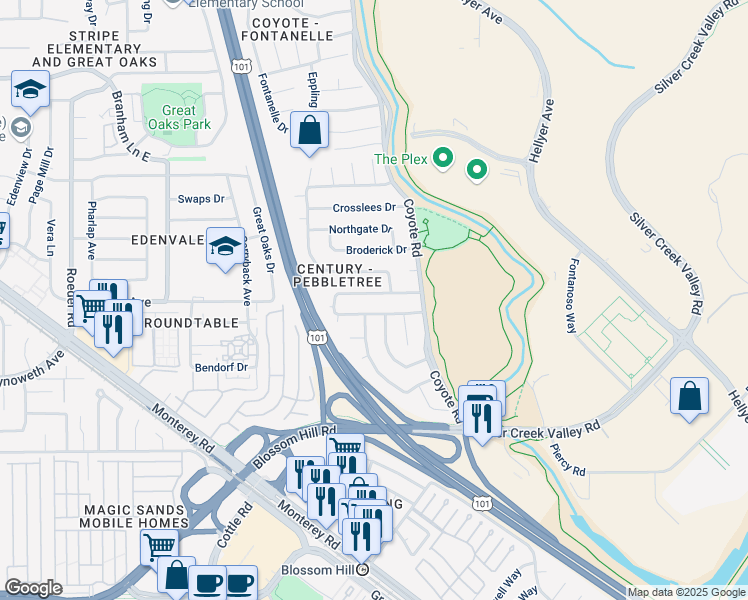 map of restaurants, bars, coffee shops, grocery stores, and more near 478 Hassinger Road in San Jose