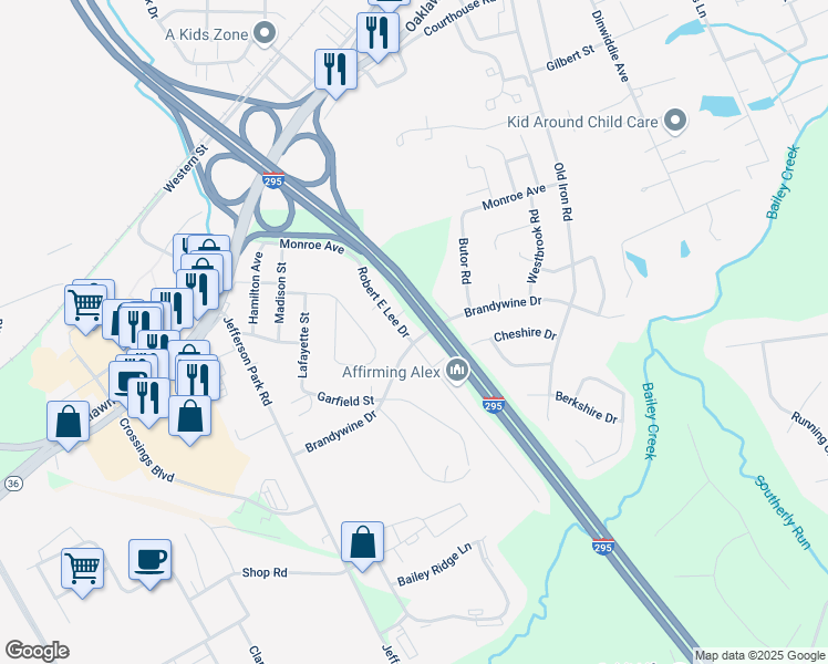 map of restaurants, bars, coffee shops, grocery stores, and more near 3723 Robert E Lee Drive in Hopewell