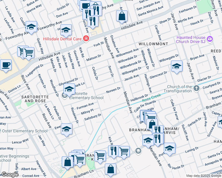 map of restaurants, bars, coffee shops, grocery stores, and more near 1619 Noreen Drive in San Jose