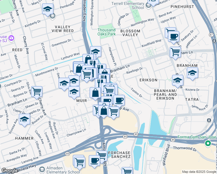 map of restaurants, bars, coffee shops, grocery stores, and more near 4700 Almaden Expressway in San Jose