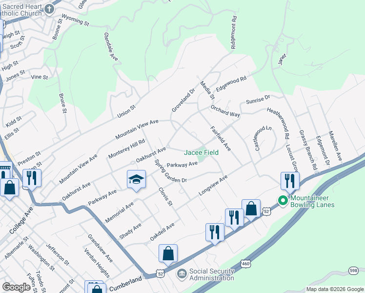 map of restaurants, bars, coffee shops, grocery stores, and more near 725 Heatherwood Rd in Bluefield