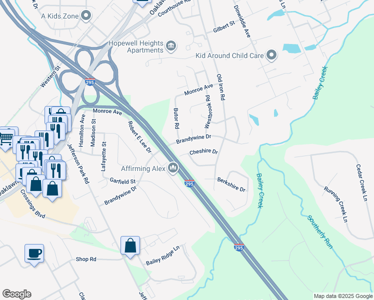 map of restaurants, bars, coffee shops, grocery stores, and more near 5012 Cheshire Drive in Hopewell