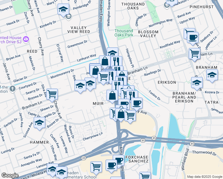 map of restaurants, bars, coffee shops, grocery stores, and more near 1012 Cedar Gables Drive in San Jose