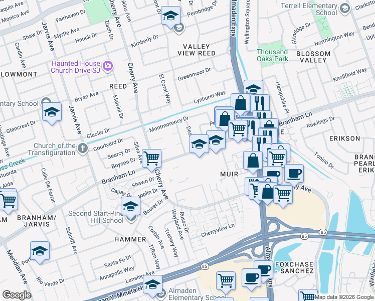 map of restaurants, bars, coffee shops, grocery stores, and more near 4580 Bald Eagle Way in San Jose