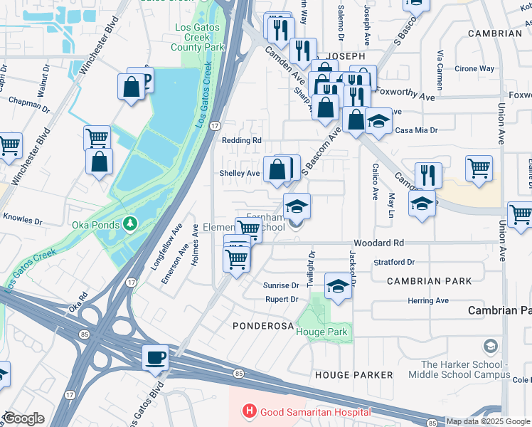 map of restaurants, bars, coffee shops, grocery stores, and more near 3645 South Bascom Avenue in Campbell