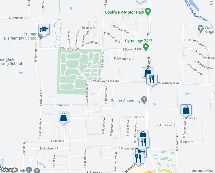 map of restaurants, bars, coffee shops, grocery stores, and more near 3544 North Rogers Avenue in Springfield