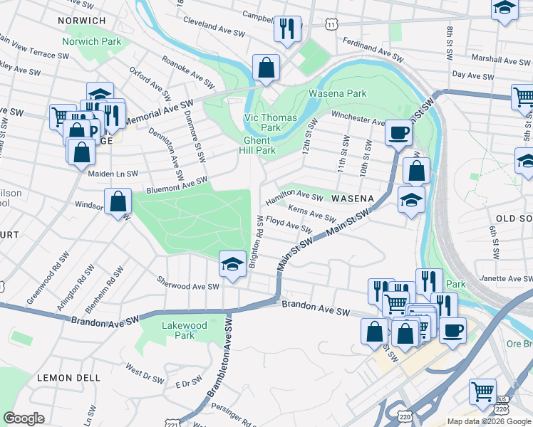 map of restaurants, bars, coffee shops, grocery stores, and more near 1249 Floyd Avenue Southwest in Roanoke