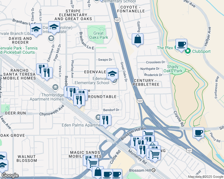 map of restaurants, bars, coffee shops, grocery stores, and more near 285 Azucar Avenue in San Jose