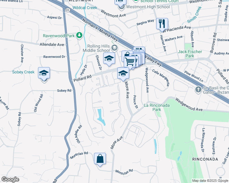 map of restaurants, bars, coffee shops, grocery stores, and more near 105 Callecita in Los Gatos