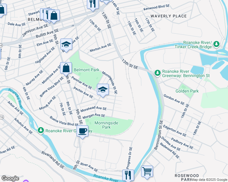 map of restaurants, bars, coffee shops, grocery stores, and more near 1227 Penrod Ave SE in Roanoke