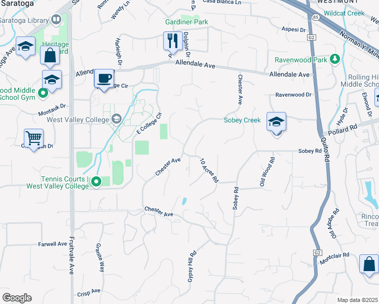 map of restaurants, bars, coffee shops, grocery stores, and more near 18905 10 Acres Road in Saratoga