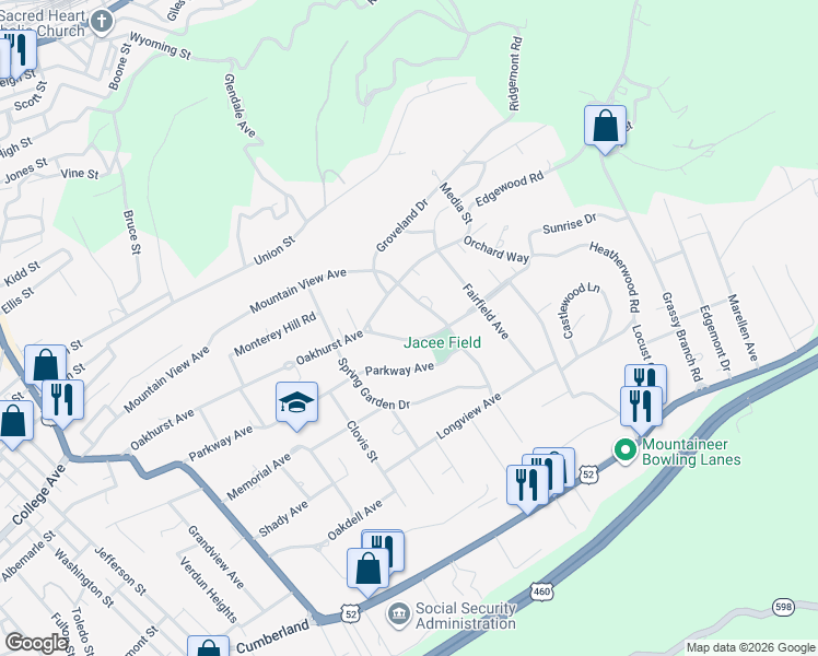 map of restaurants, bars, coffee shops, grocery stores, and more near 725 Heatherwood Road in Bluefield