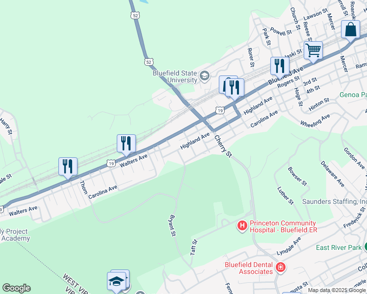 map of restaurants, bars, coffee shops, grocery stores, and more near 1400 Highland Avenue in Bluefield