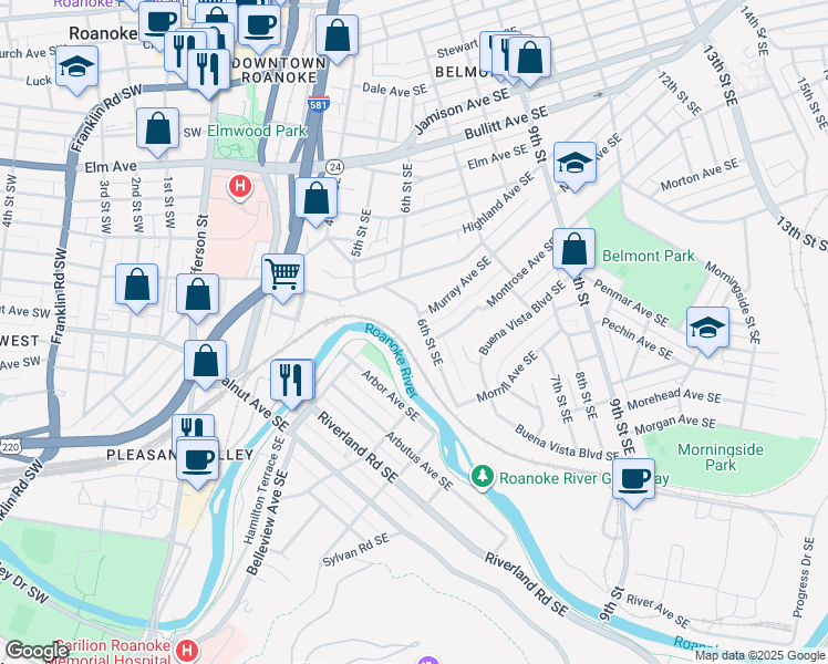 map of restaurants, bars, coffee shops, grocery stores, and more near 1213 6th Street Southeast in Roanoke
