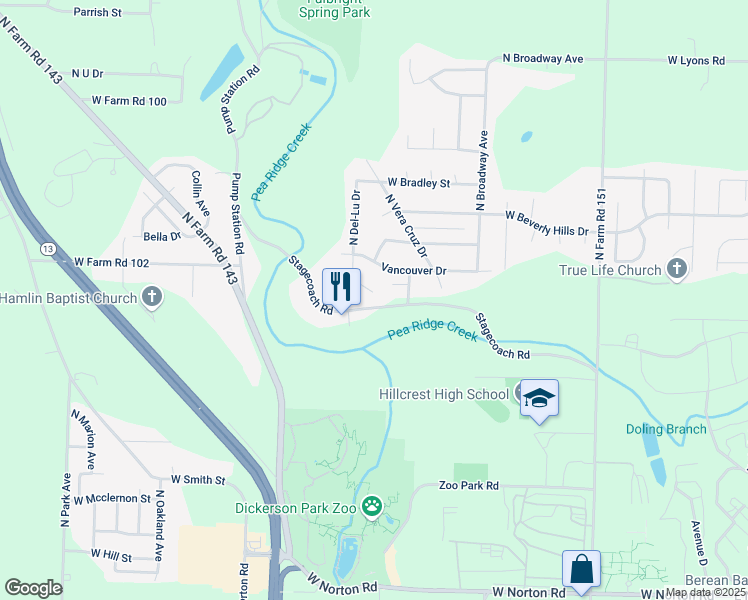 map of restaurants, bars, coffee shops, grocery stores, and more near 3547 North Del-Lu Drive in Springfield
