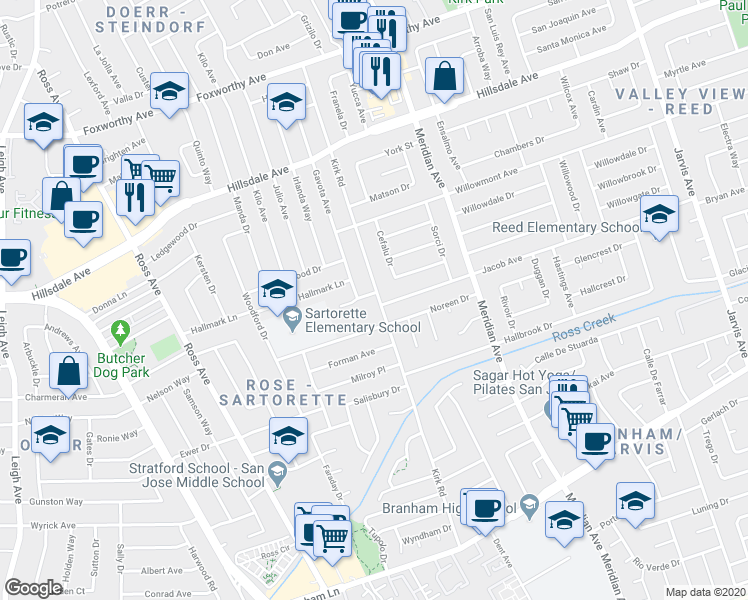 map of restaurants, bars, coffee shops, grocery stores, and more near 1682 Lollie Court in San Jose