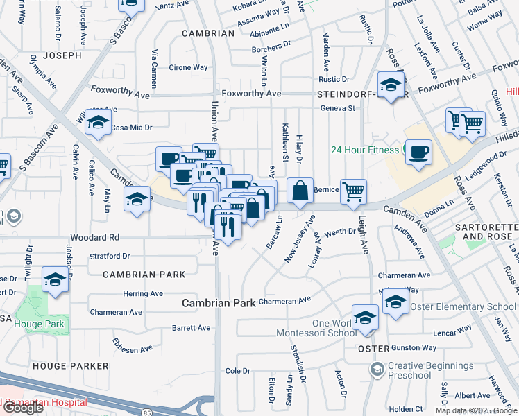 map of restaurants, bars, coffee shops, grocery stores, and more near 14828 Camden Avenue in San Jose