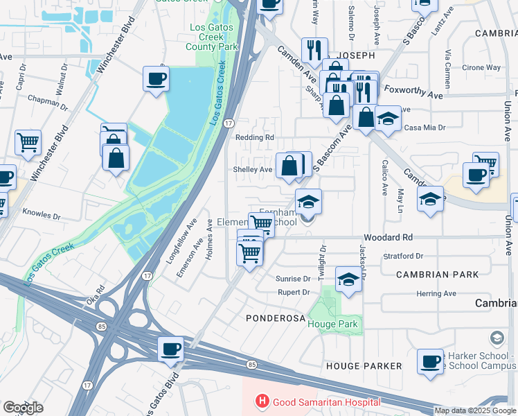 map of restaurants, bars, coffee shops, grocery stores, and more near 3685 South Bascom Avenue in Campbell