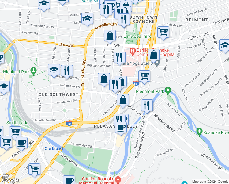 map of restaurants, bars, coffee shops, grocery stores, and more near 1234 Maple Avenue Southwest in Roanoke