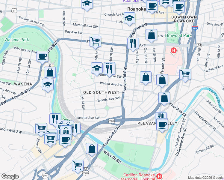 map of restaurants, bars, coffee shops, grocery stores, and more near 373 Allison Avenue Southwest in Roanoke
