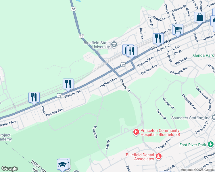 map of restaurants, bars, coffee shops, grocery stores, and more near 1400 Highland Ave in Bluefield