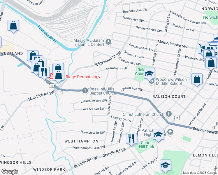 map of restaurants, bars, coffee shops, grocery stores, and more near 1935 Carlton Road Southwest in Roanoke