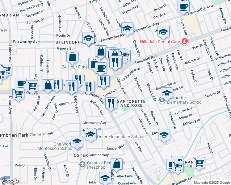 map of restaurants, bars, coffee shops, grocery stores, and more near 1800 Bradford Way in San Jose