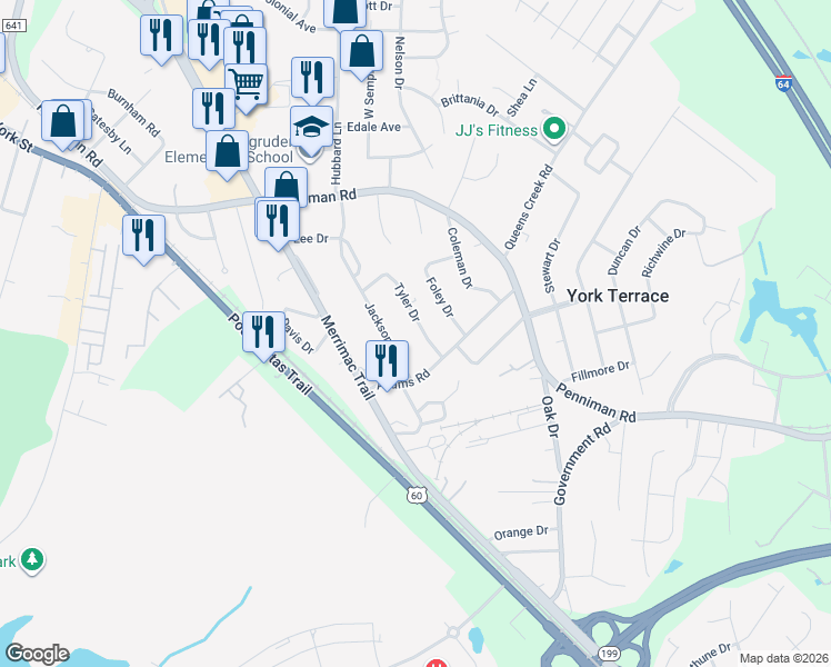 map of restaurants, bars, coffee shops, grocery stores, and more near 918 Tyler Drive in Williamsburg